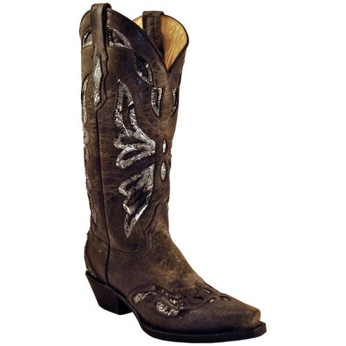 Ferrini Ladies 81761-04 Black Genuine Leather Cowgirl Boots With Butterfly Inlay